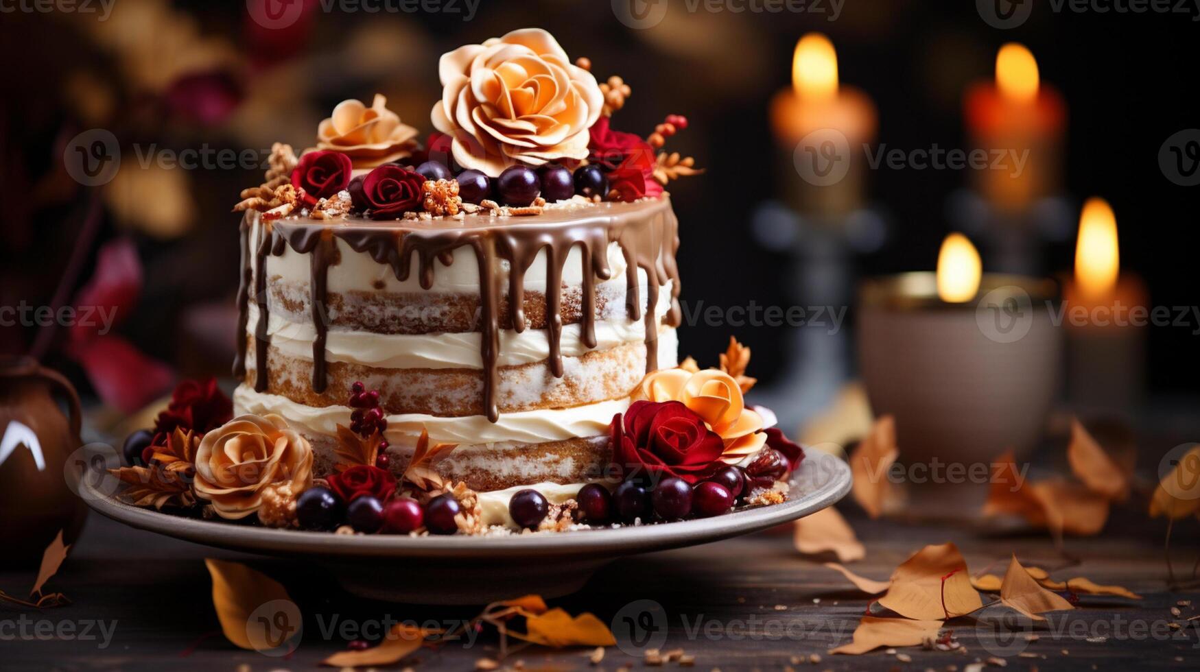 AI Generated this is a image of chocolate cake with lighted candles photo