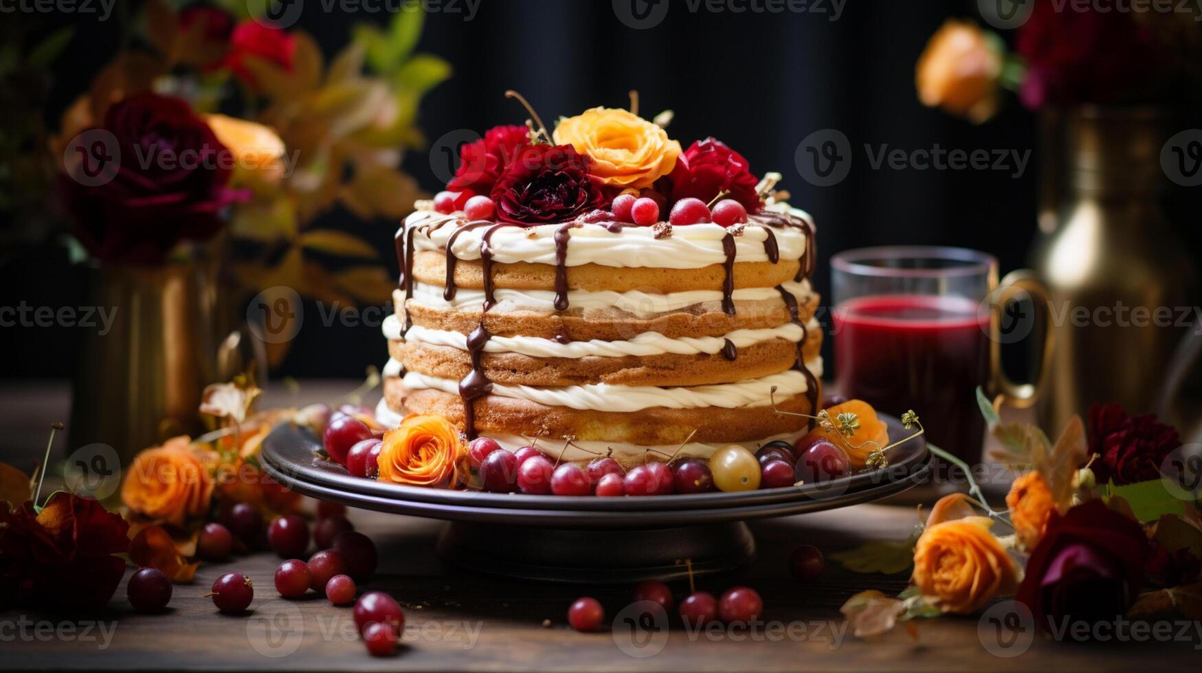 AI Generated Stack of banana pancakes on a blue plate with fresh berries and honey for breakfast photo