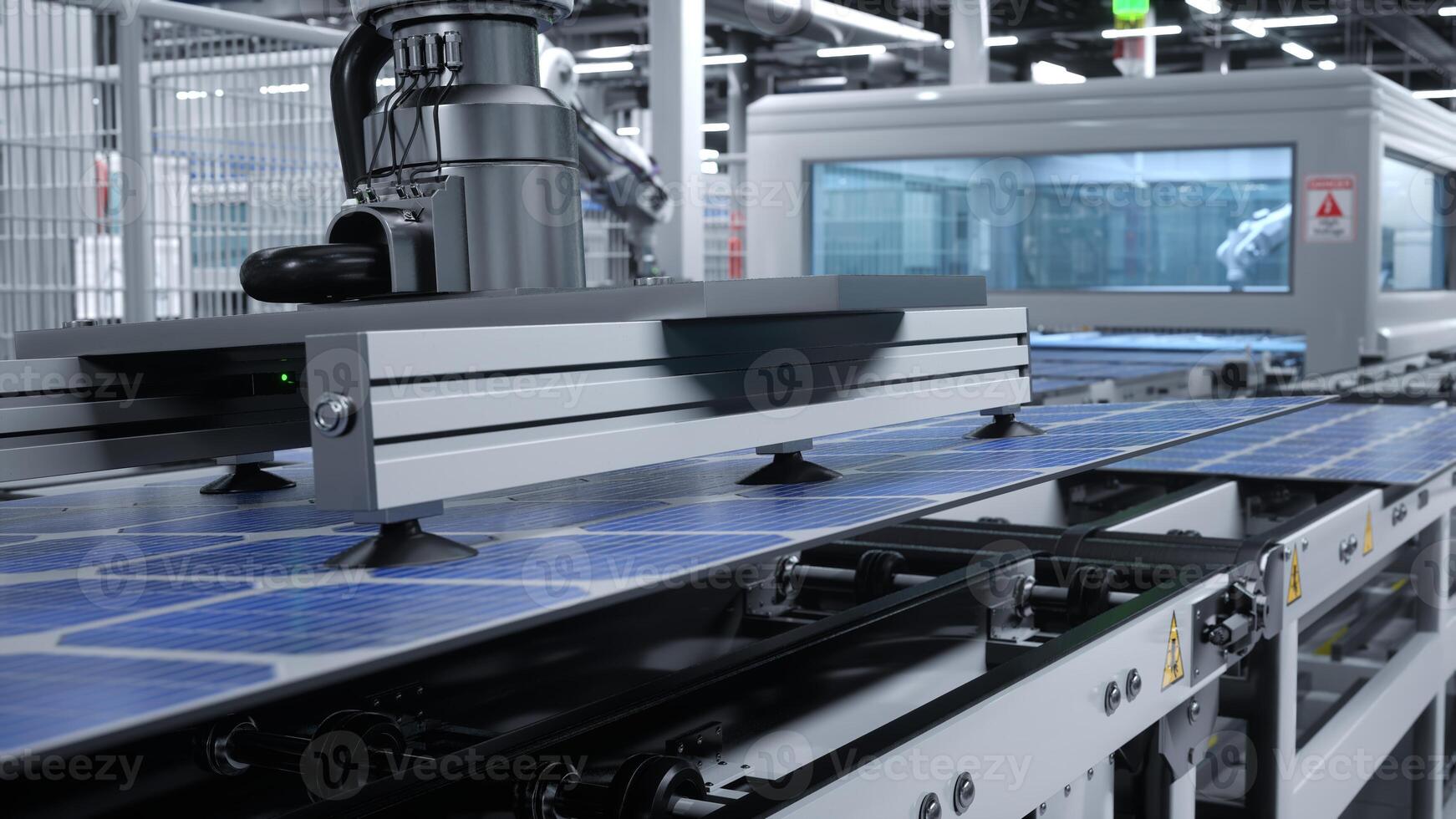 Solar panel placed on conveyor belt, polished by automatized machinery unit, moving around facility. Photovoltaic cells manufactured in cutting edge eco friendly warehouse, 3D render photo