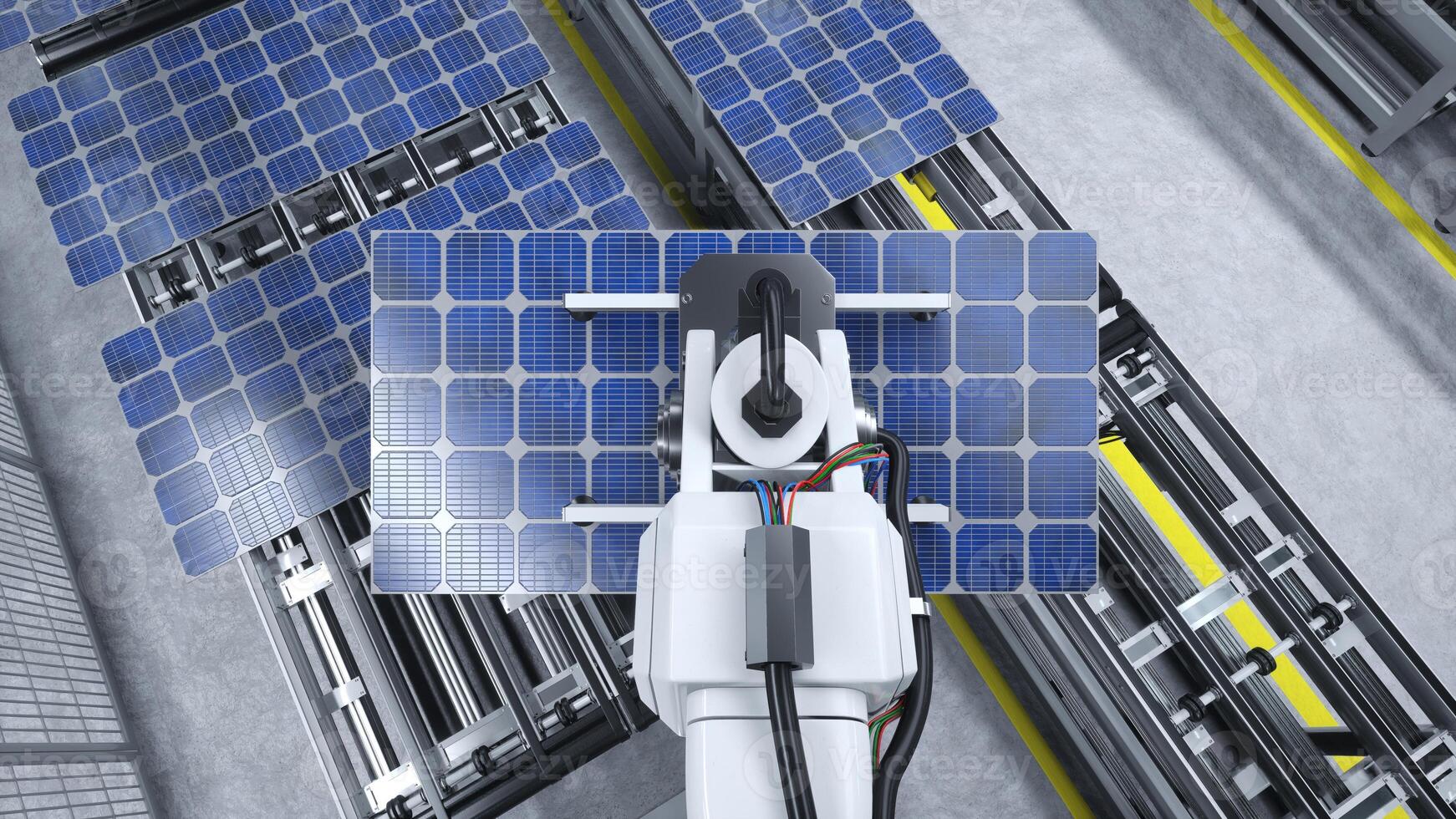 POV of robot arm moving solar panels on conveyor belts during automated production process in clean energy factory, 3D render. Machinery unit placing photovoltaic cells on assembly lines photo