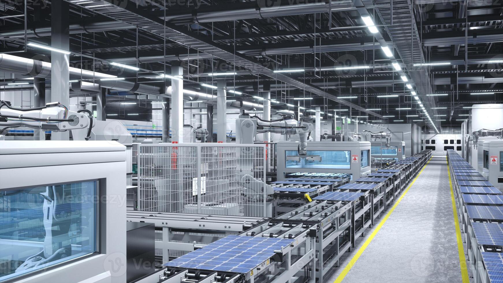 Industrial robot arms placing solar panels on large production line in modern sustainable factory. Photovoltaics being assembled on conveyor belts inside manufacturing facility, 3D render photo