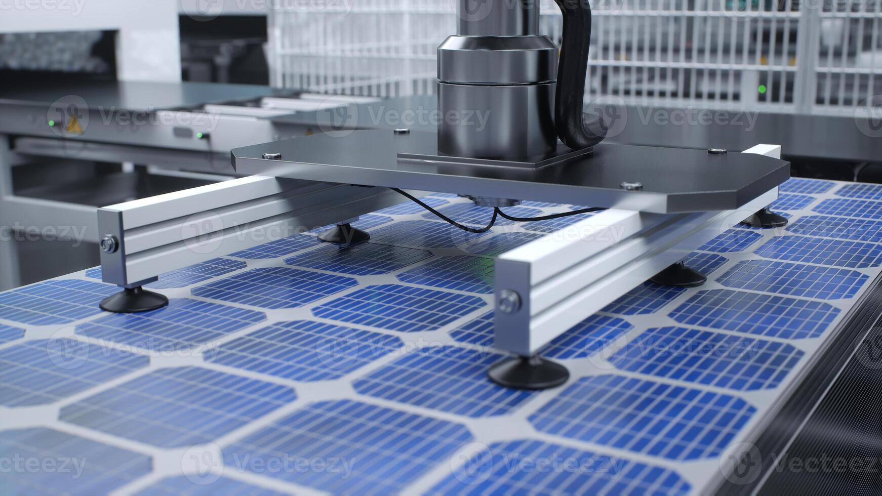 Solar panel placed on conveyor belt, operated by high tech robot arm, moving around facility, 3D illustration. Close up of photovoltaic cell produced in sustainable technology manufacturing warehouse photo