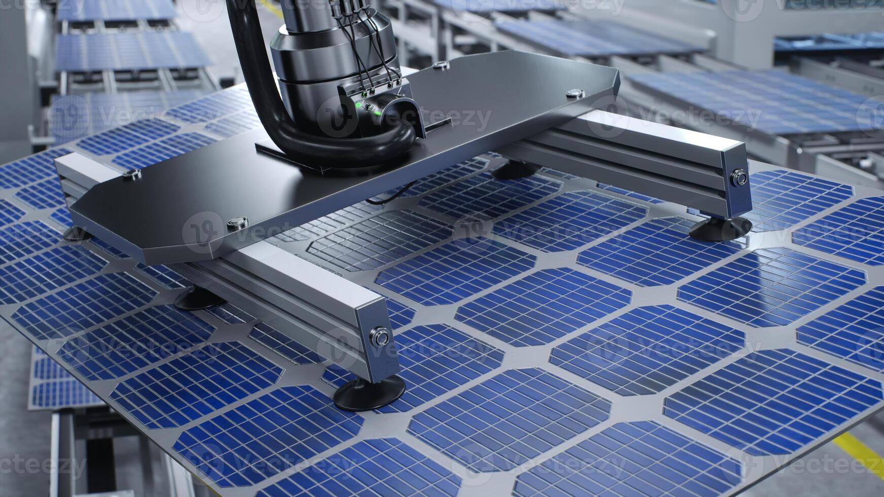 Solar panel placed on conveyor belt, operated by automatized robot arm, moving around facility, 3D illustration. Close up of photovoltaic cell produced in clean energy manufacturing warehouse photo