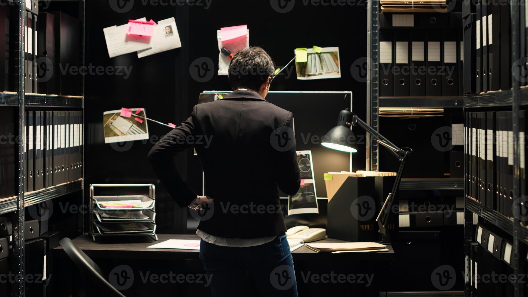 Private inspector analyzing case files, gathering intelligence to solve mistery crime. Criminologist inspecting clues, uncovering new proof to catch culprit in incident room. Handheld shot. photo