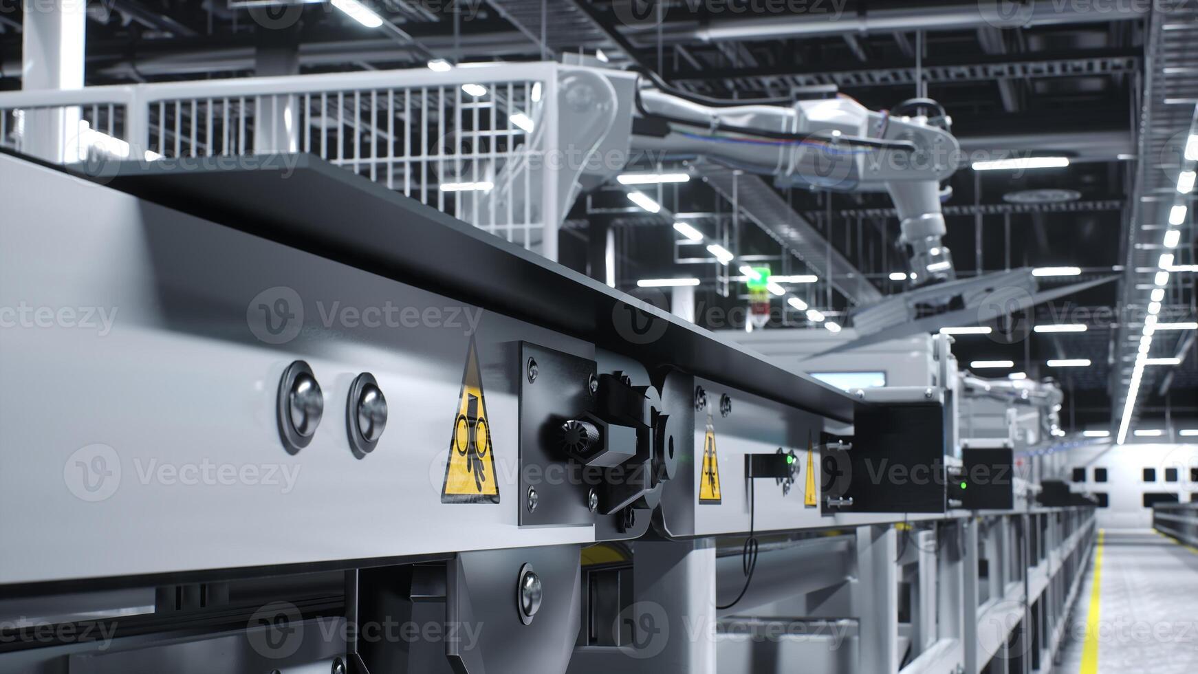 High voltage danger signs on conveyor belts in factory used to produce solar panels, close up shot. Safety measures stickers on production lines in facility manufacturing PV cells, 3D illustration photo