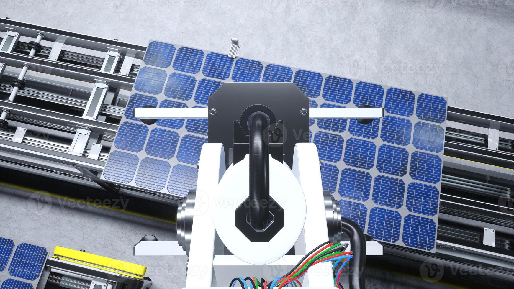 pov Disparo de industrial robot brazo colocación solar panel en montaje línea en renovable energía establecido fábrica, 3d representación. pesado maquinaria unidad colocación solar célula en transportador cinturones foto