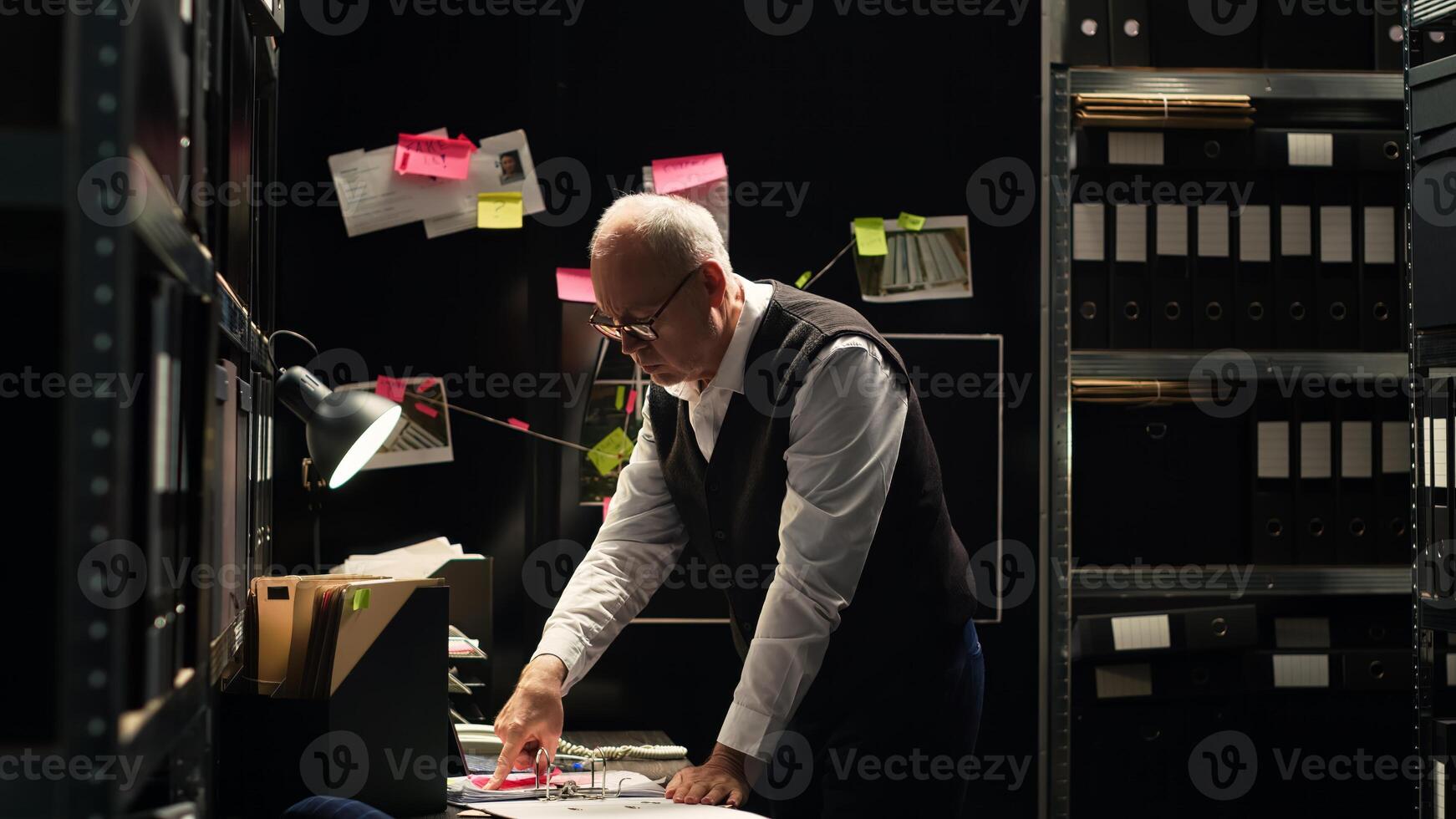 Police officer examining information on files classified records, reading witness statements to build case against culprit. Detective evaluating fingerprints and evidence authenticity. Tripod shot. photo