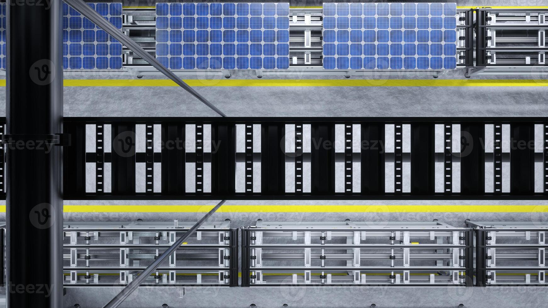 Top down view of solar panels on assembly line operated by high tech robot arms in modern sustainable factory, 3D illustration. Aerial shot of PV cells in modern automated facility photo