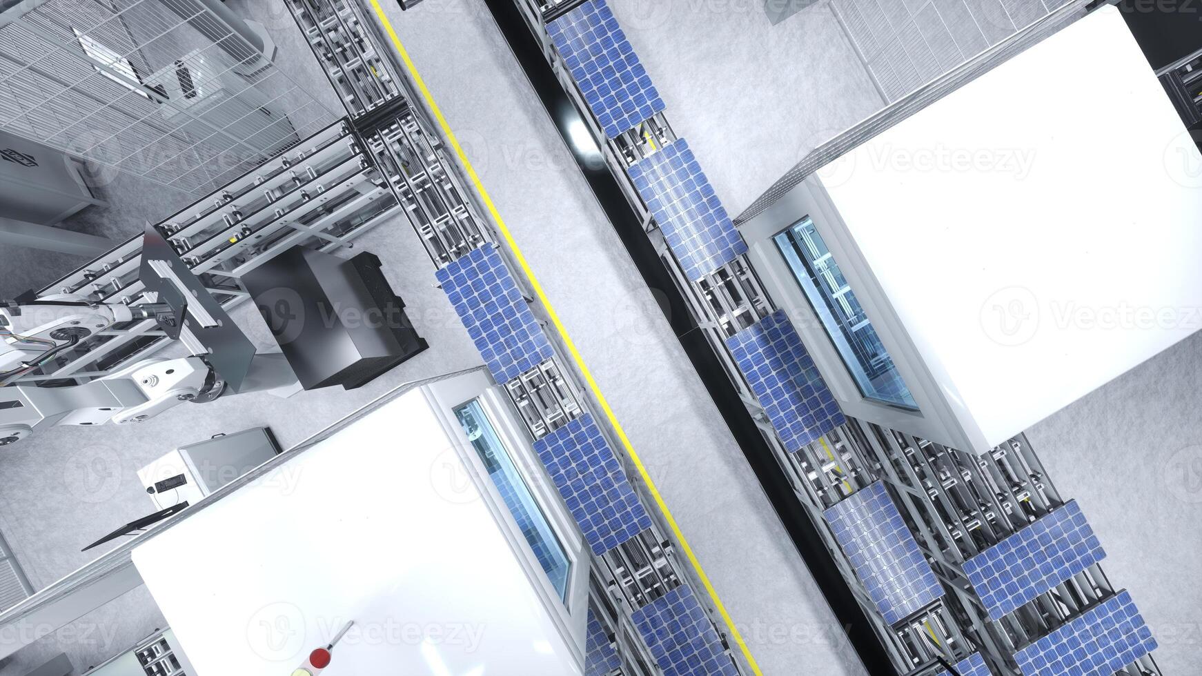Top down view of solar panel warehouse with automated robot arms placing PV modules on conveyor belts, 3D illustration. Aerial shot of mass production warehouse producing green energy solar cells photo