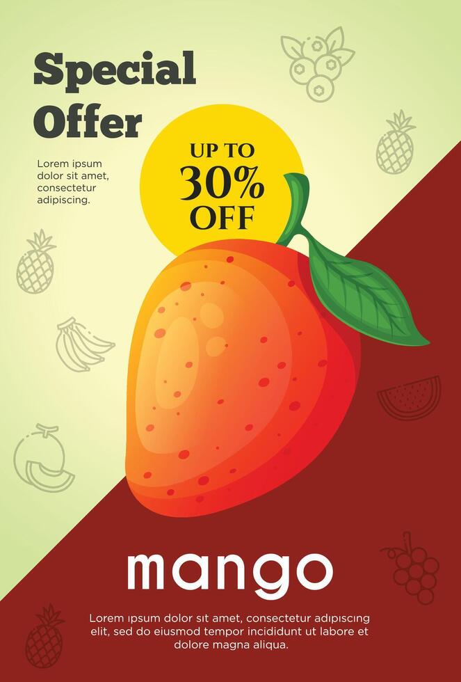 volantes especial oferta para mango Fruta producto. Fruta promoción volantes vector