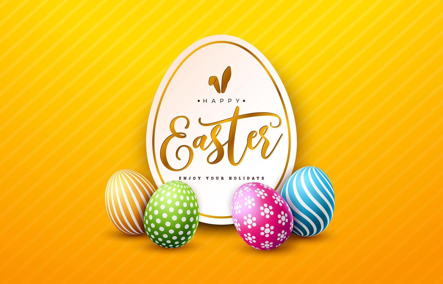 Vector Illustration of Happy Easter Holiday with Painted Egg on Shiny Yellow Background. International Easter Celebration Design with Typography for Greeting Card, Party Invitation or Promo Banner.