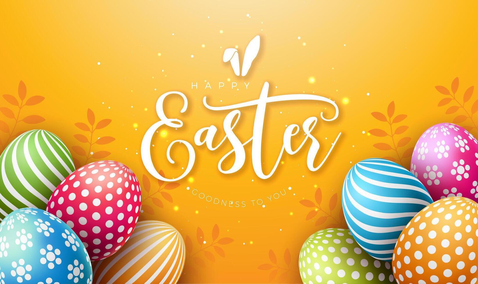 Vector Illustration of Happy Easter Holiday with Colorful Painted Egg and Typography Letter on Yellow Background. Easter Day Celebration Design for Flyer, Greeting Card, Banner, Holiday Poster or