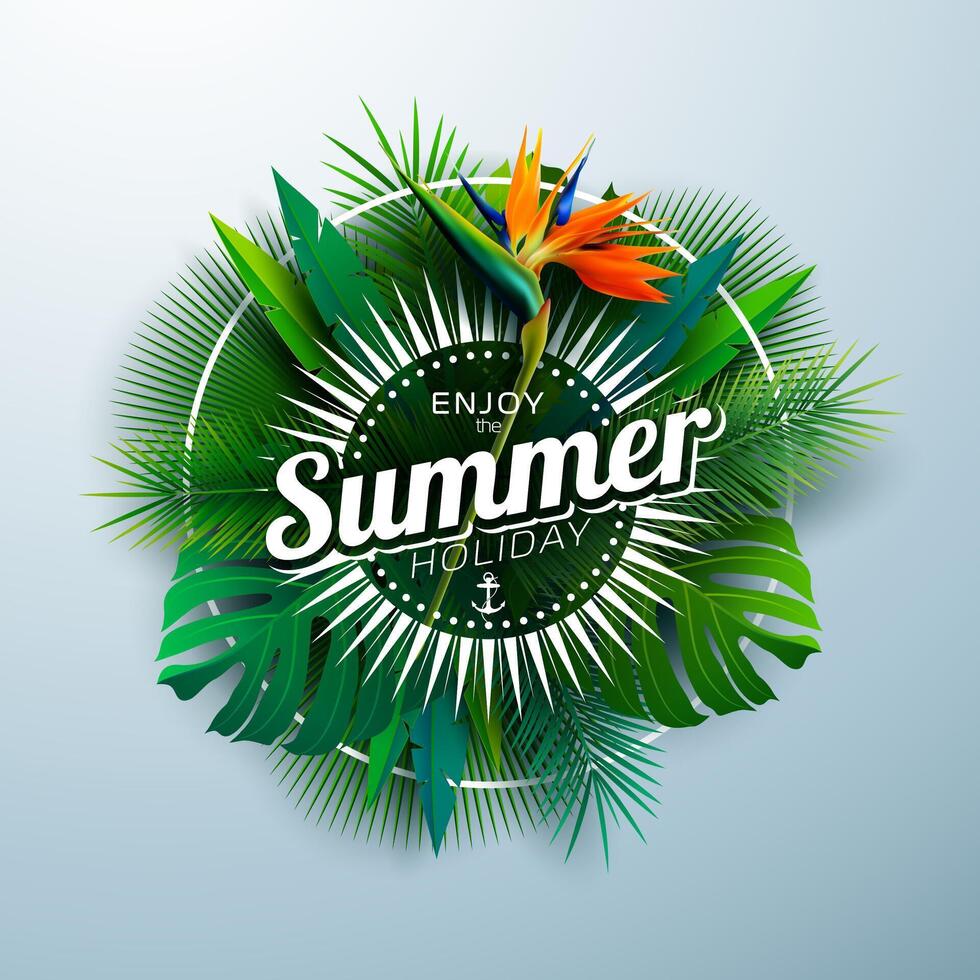 Tropical Summer Holiday Design with Palm Leaf and Parrot Flower on Light Background. Vector Typography Illustration with Exotic Palm Leaves and Phylodendron for Banner, Flyer, Invitation, Brochure