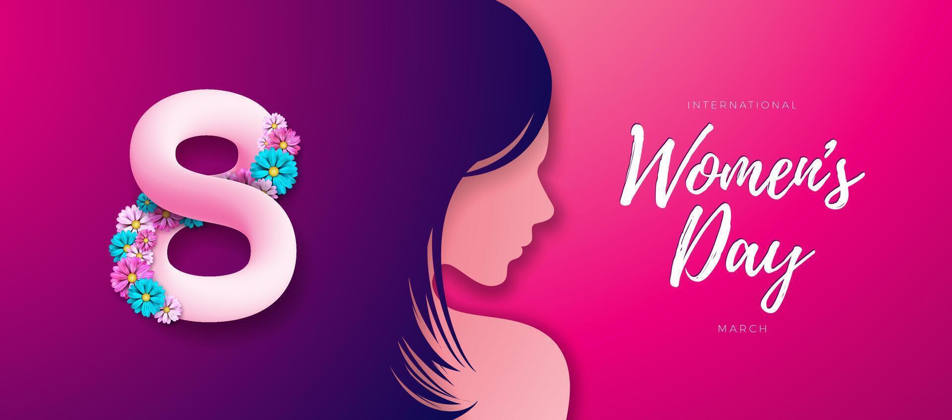 Happy Women's Day Floral Illustration. 8 March International Womens Day Vector Design with Spring Colorful Flower and Young Woman Face Silhouette on Pink Background. Women or Mother Day Theme Template