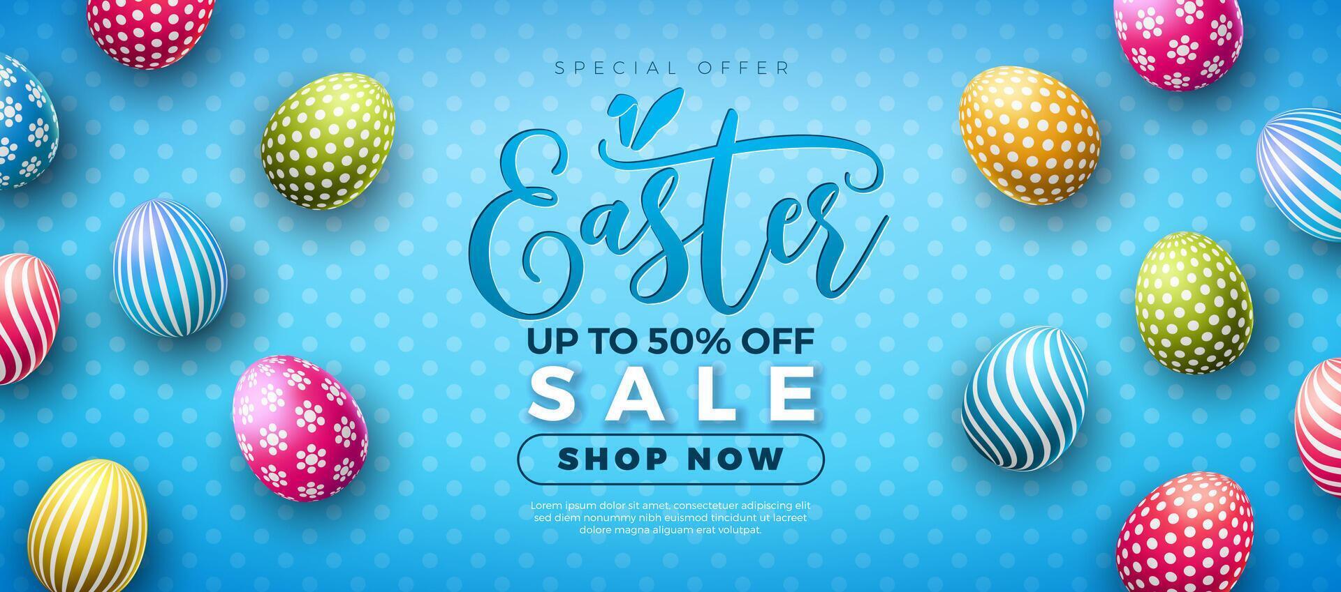 Easter Sale Illustration with Colorful Painted Egg on Blue Background. Vector Easter Holiday Design Template for Coupon, Web Banner, Voucher or Promotional Poster.