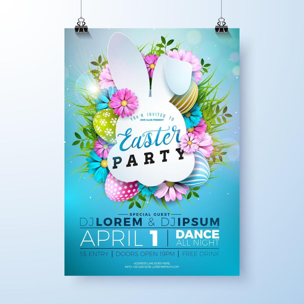 Vector Easter Party Flyer Illustration with painted eggs, rabbit ears silhouette and flowers on nature blue background. Spring holiday celebration poster design template for banner or invitation.