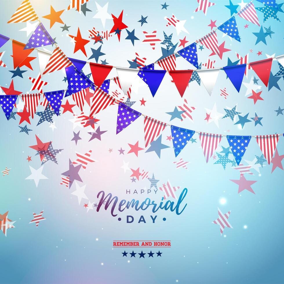 Memorial Day of the USA Vector Design Template with American Color Party Flag and Falling Stars on Shiny Blue Background. National Patriotic Celebration Illustration for Banner, Greeting Card