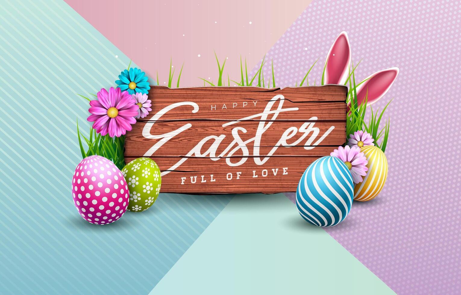 Vector Illustration of Happy Easter Holiday with Colorful Painted Egg, Spring Flower and Rabbit Ears on Abstract Pastel Background. International Celebration Design with Typography for Greeting Card