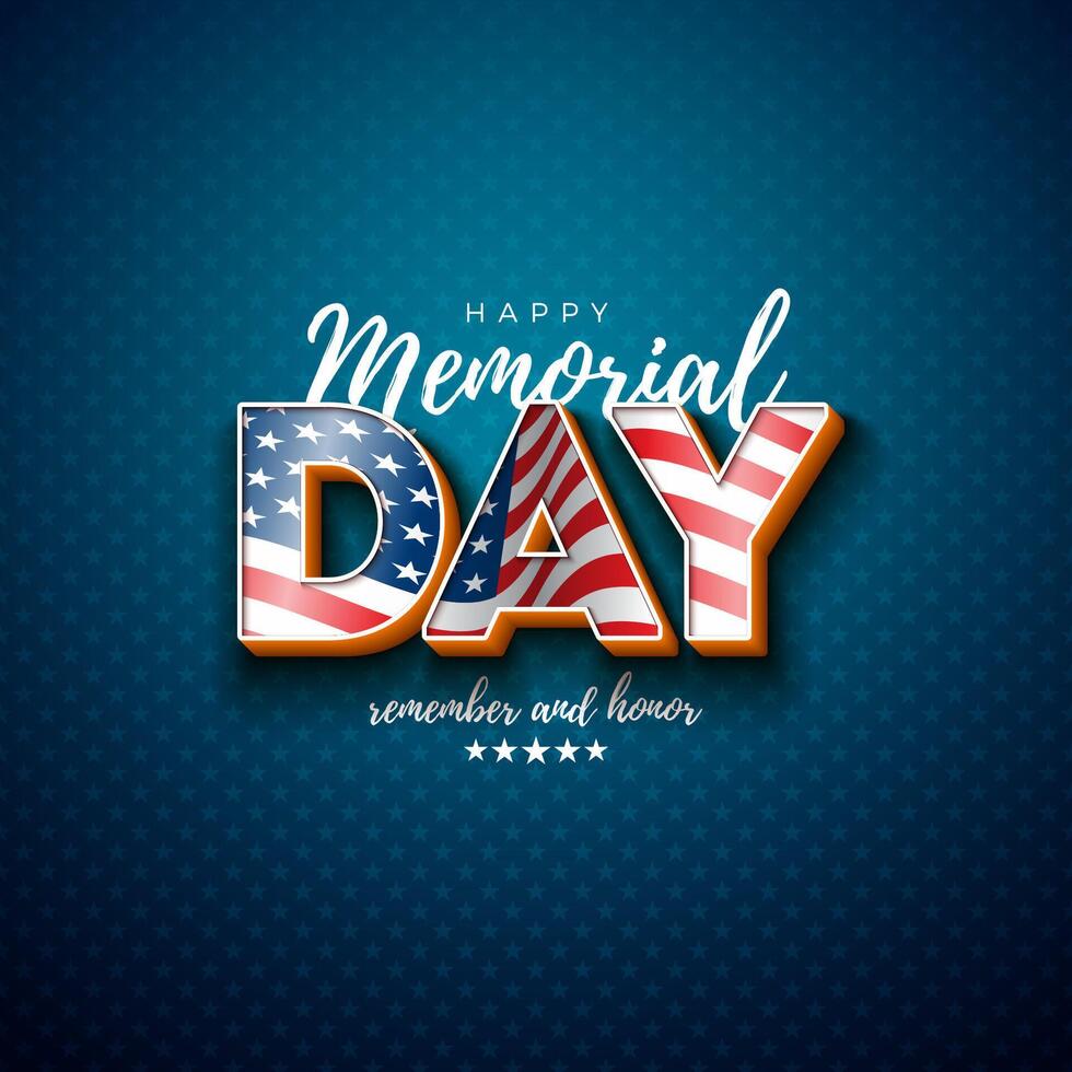 Memorial Day of the USA Vector Design Template with American Flag in 3d Letter on Light Star Pattern Background. National Patriotic Celebration Illustration for Banner, Greeting Card or Holiday Poster