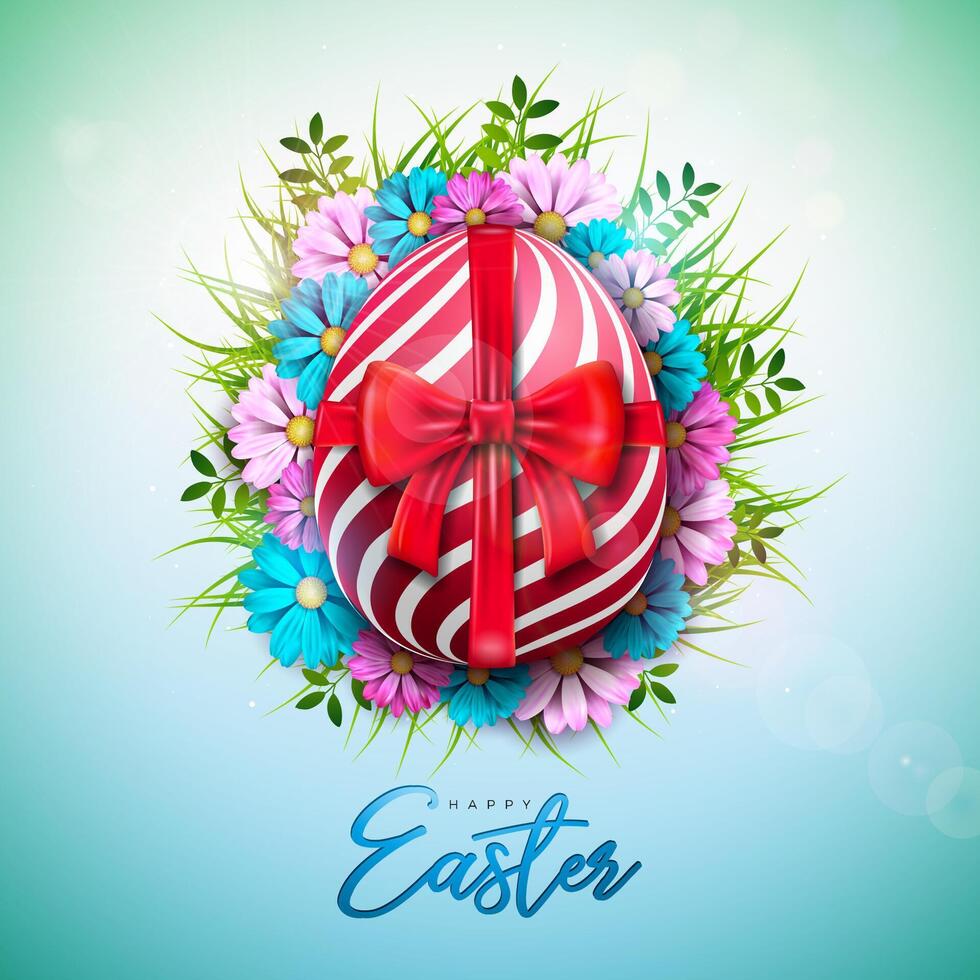 Vector Illustration of Happy Easter Holiday with Painted Egg, Red Bow and Spring Flower on Shiny Light Blue Background. International Celebration Design with Rabbit Shape and Typography for Greeting