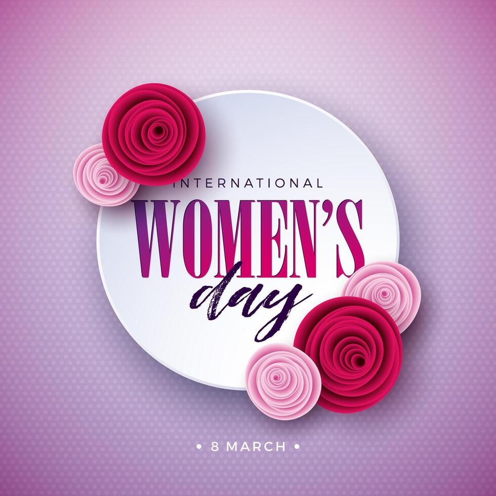 8 March. Happy Women's Day Floral Illustration. International Womens Day Vector Design with Rose Flower and Typography Letter on Light Pink Background. Woman or Mother Day Theme Template for Flyer