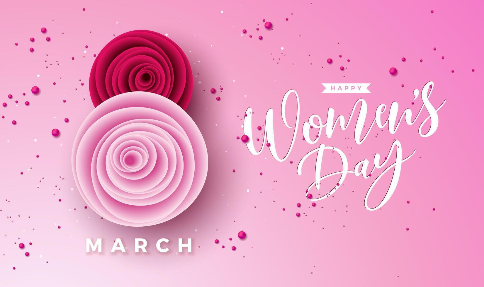 8 March. Happy Women's Day Floral Illustration. International Womens Day Vector Design with Rose Flower and Typography Letter on Light Pink Background. Woman or Mother Day Theme Template for Flyer