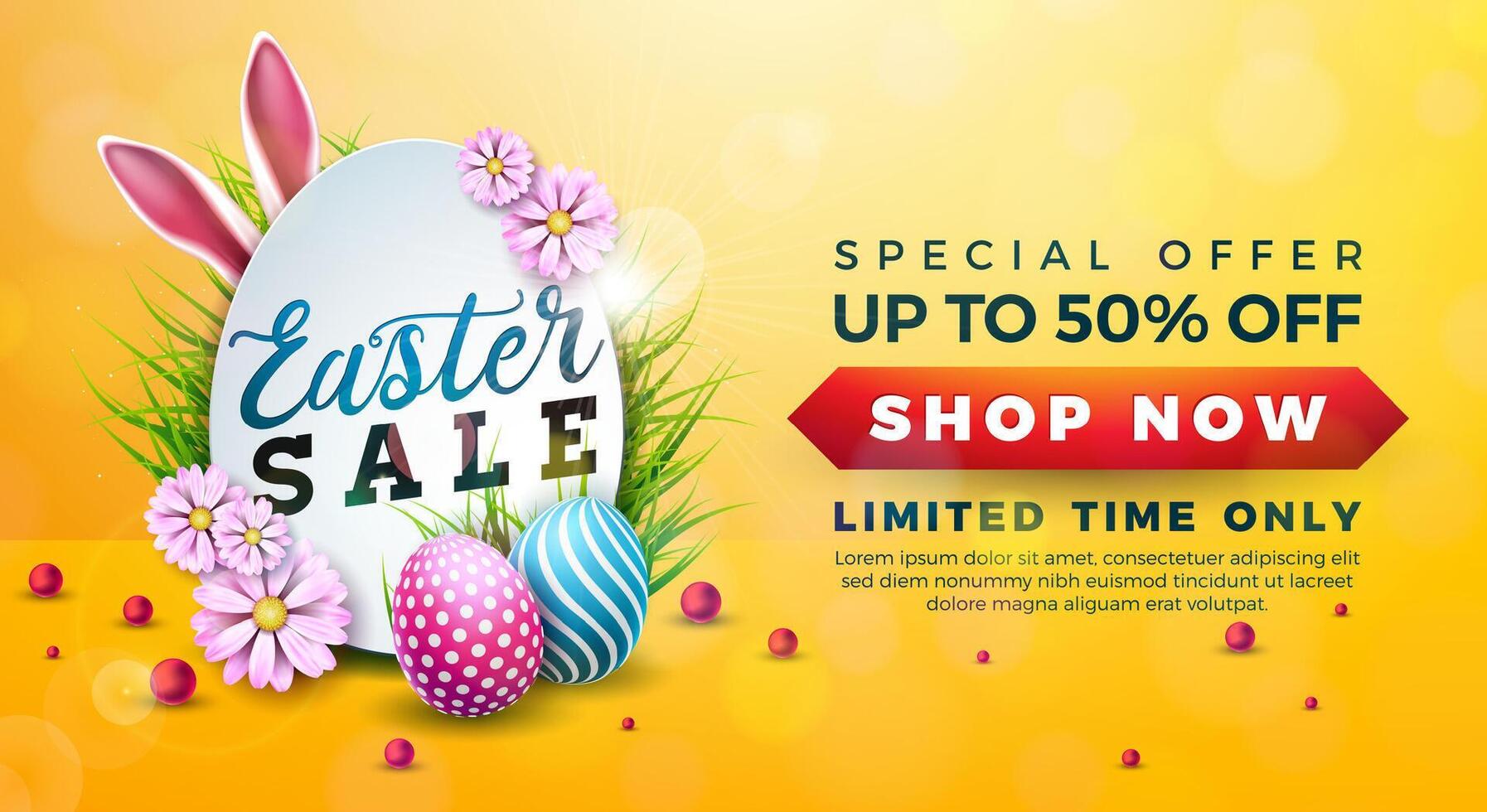 Easter Sale Illustration with Color Painted Egg, Spring Flower and Rabbit Ears on Yellow Background. Vector Easter Holiday Design Template for Coupon, Banner, Voucher or Promotional Poster.