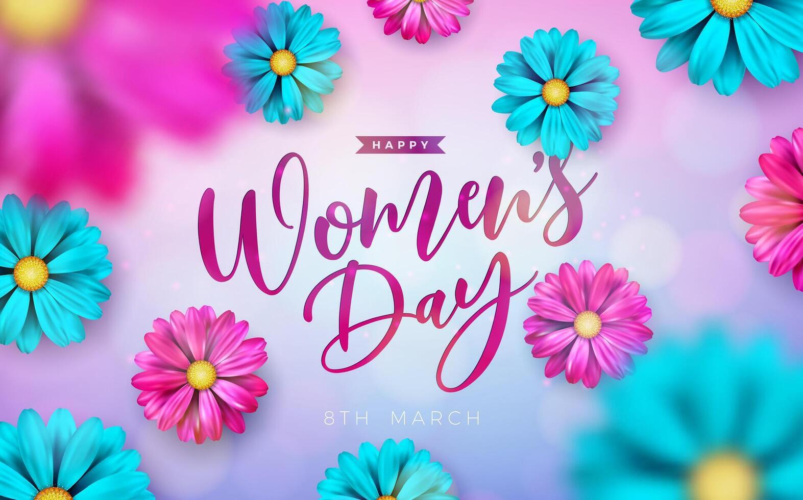 Happy Women's Day Floral Illustration. 8 March International Womens Day Vector Design with Colorful Spring Flower on Pastel Color Background. Woman or Mother Day Theme Template for Flyer, Greeting