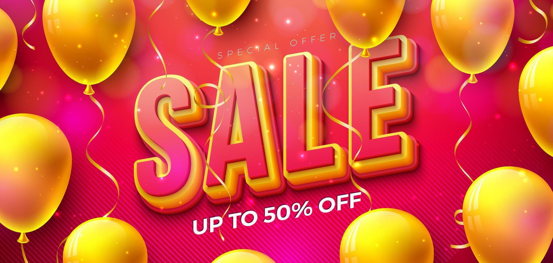 Shopping Day Sale Design with 3d Lettering and Party Balloon on Red Background. Vector Special Offer Illustration for Coupon, Voucher, Banner, Flyer, Promotional Poster, Invitation or Greeting Card.