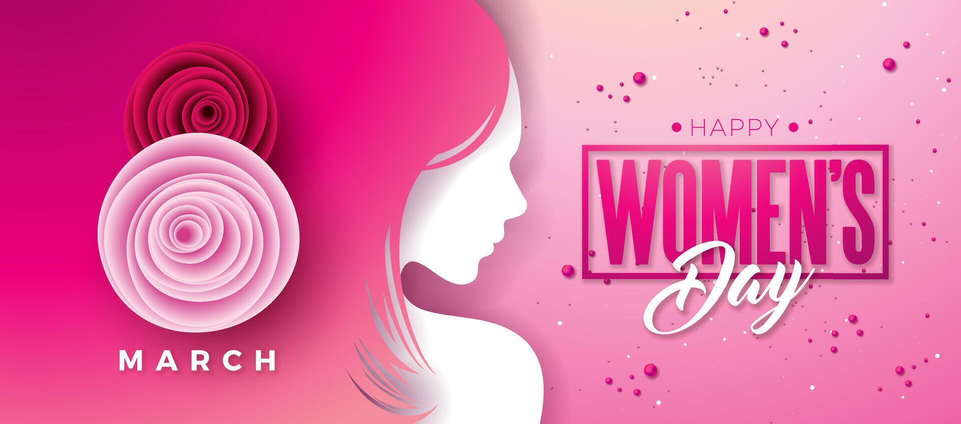 8 March International Women's Day Vector Illustration with Spring Colorful Rose Flower and Young Woman Face Silhouette on Light Pink Background. Women or Mother Day Theme Template for Flyer, Greeting