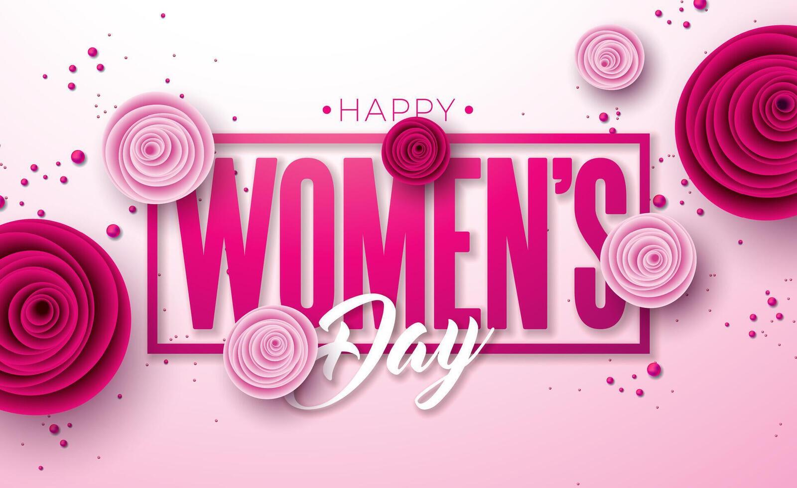 8 March. Happy Women's Day Floral Illustration. International Womens Day Vector Design with Rose Flower and Typography Letter on Light Pink Background. Woman or Mother Day Theme Template for Flyer