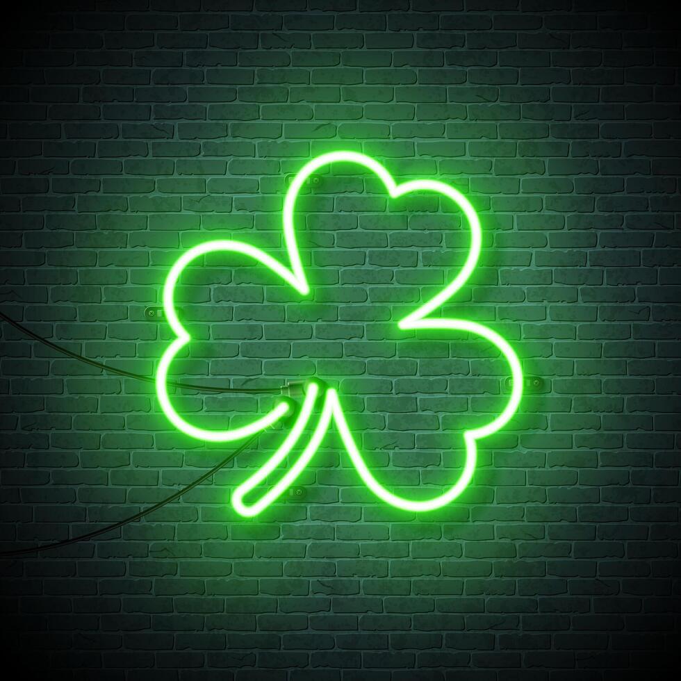 Saint Patrick's Day Illustration with Glowing Clover Leaves Shape Neon Lights on Brick Wall Background. Irish Traditional St. Patricks Day Lucky Celebration Vector Design for Flyer, Greeting Card, Web