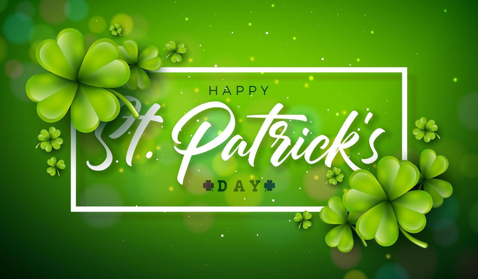 Saint Patrick's Day Illustration with Falling Clovers and Typography Letter on Green Background. Irish St. Patricks Lucky Celebration Vector Design for Flyer, Greeting Card, Web Banner, Holiday Poster