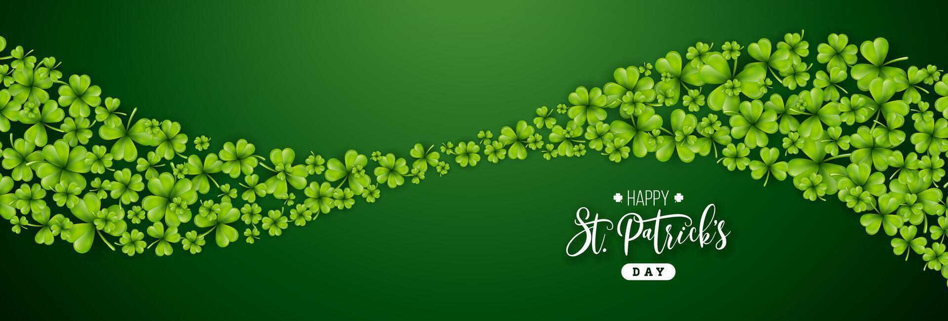 Saint Patrick's Day Illustration with Flying Clover Leaves and Typography Letter on Green Background. Irish St. Patricks Lucky Celebration Vector Design for Flyer, Greeting Card, Web Banner, Holiday