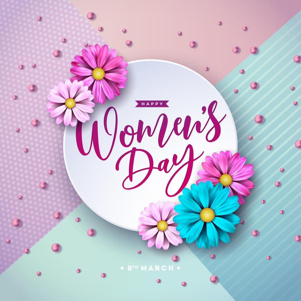 Happy Women's Day Floral Illustration. 8 March International Womens Day Vector Design with Colorful Spring Flower on Pastel Color Background. Woman or Mother Day Theme Template for Flyer, Greeting