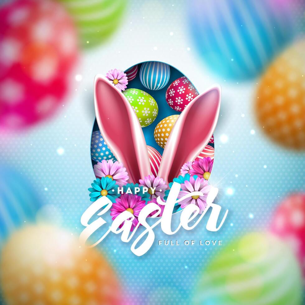 Vector Illustration of Happy Easter Holiday with Colorful Painted Egg and Rabbit Ear on Shiny Light Background. International Celebration Design with Typography for Greeting Card, Party Invitation or