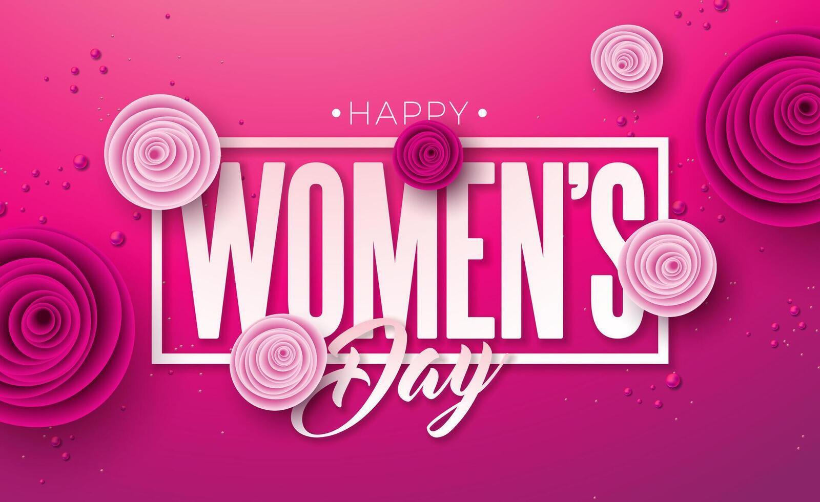 8 March. Happy Women's Day Floral Illustration. International Womens Day Vector Design with Rose Flower and Typography Letter on Pink Background. Woman or Mother Day Theme Template for Flyer, Greeting