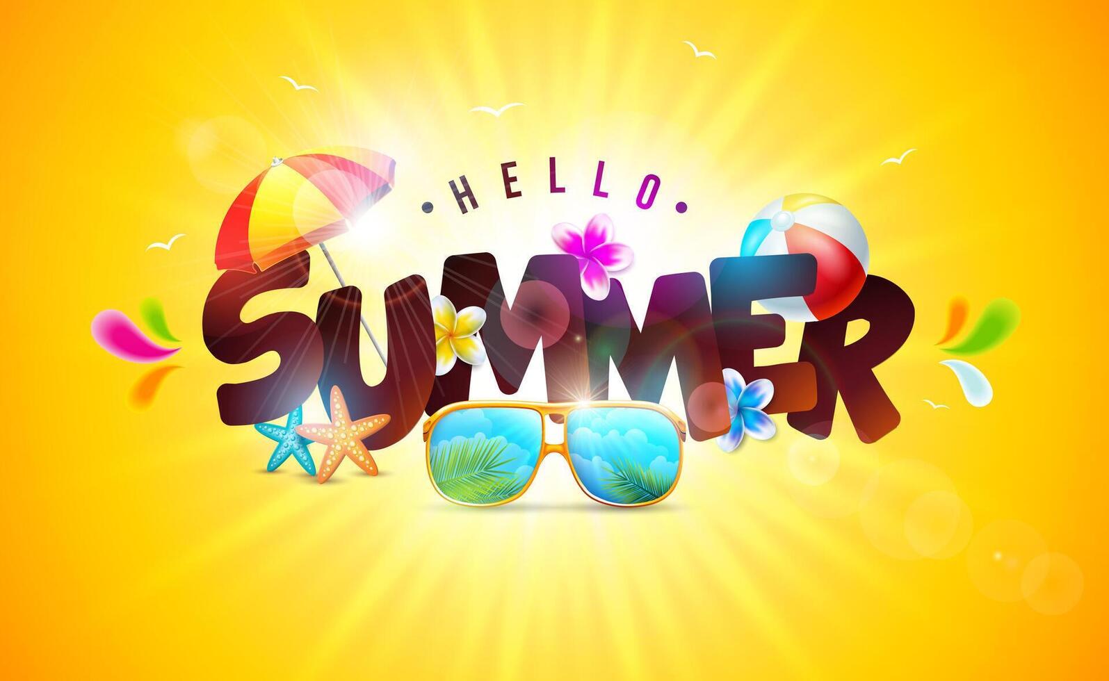 Summer Holiday Banner Design with 3d Lettering and Colorful Beach Elements on Sun Yellow Background. Flower, Tropical Plants and Sunshine for Flyer, Invitation, Brochure, Poster or Greeting Card. vector