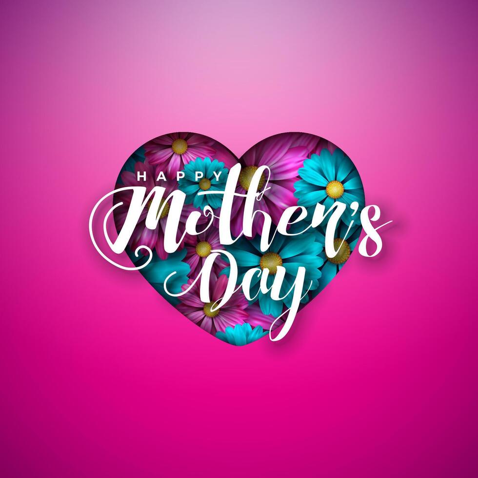 Happy Mother's Day Greeting Card Design with Flowers in Heart and Typography Letter on Pink Background. Vector Celebration Illustration Template for Banner, Flyer, Invitation, Brochure, Poster.