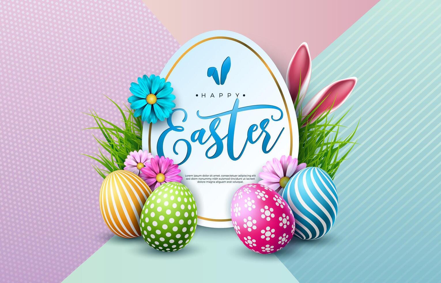 Vector Illustration of Happy Easter Holiday with Colorful Painted Egg, Rabbit Ears and Spring Flower on Pastel Color Background. International Celebration Design with Typography for Greeting Card