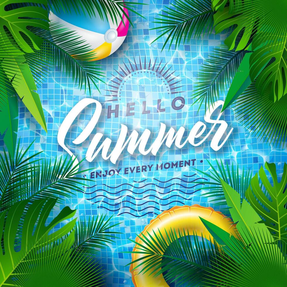 Hello Summer Illustration with Swimbelt and Beach Ball on Water in the Tiled Pool Background. Vector Summer Holiday Design with Exotic Palm Leaves for Banner, Flyer, Invitation, Brochure, Poster or