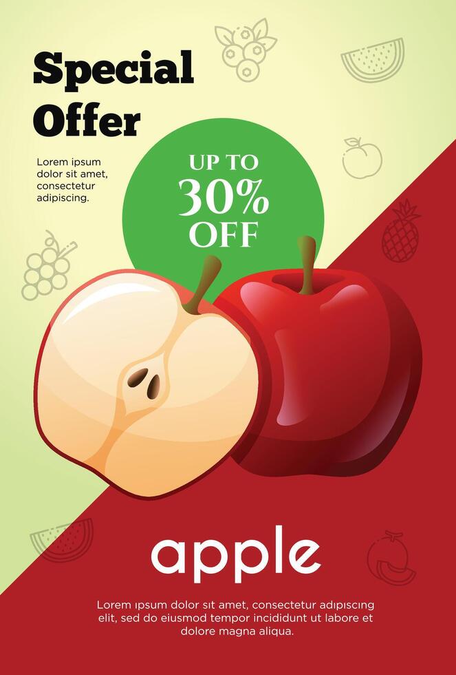 volantes especial oferta para manzana Fruta producto. Fruta promoción volantes vector