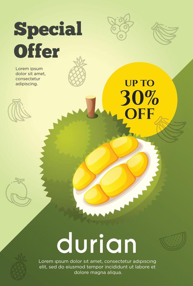 volantes especial oferta para Durian Fruta producto. Fruta promoción volantes vector