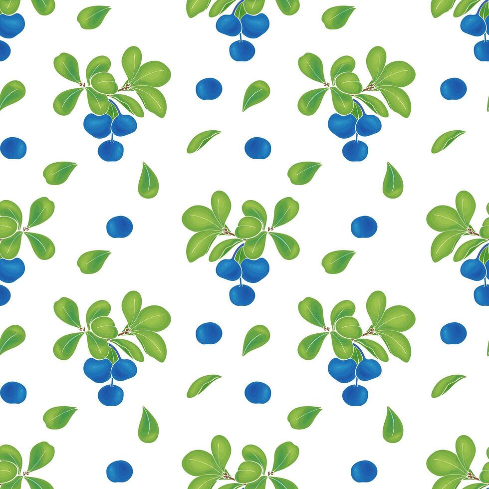 Pattern with blueberries on white background, hand drawn, set of berries and leaves of bright summer color. vector