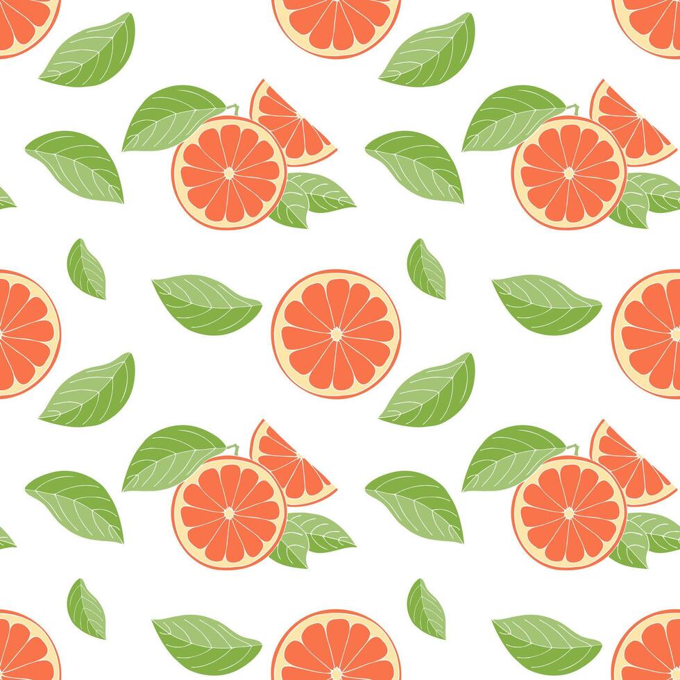Pattern of fresh grapefruit slices and green leaves on a white background, hand drawn sketch. vector