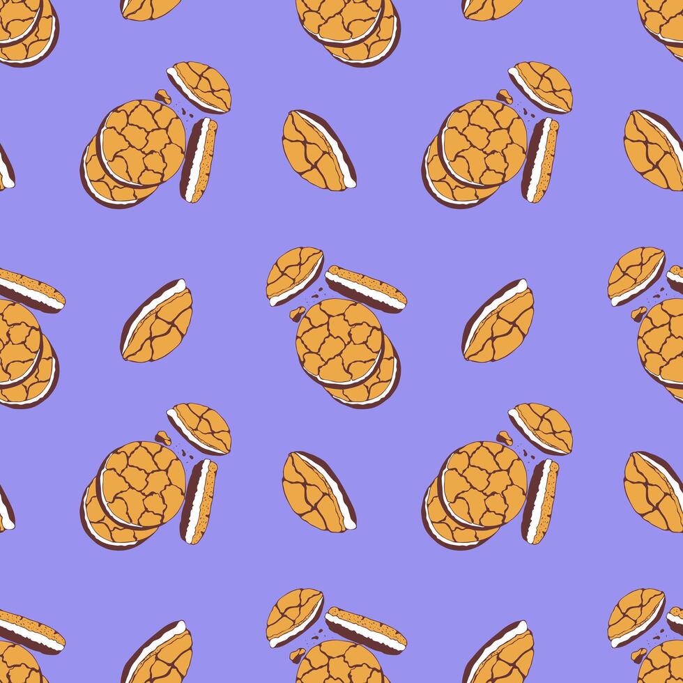 Pattern with Cookies on purple background, chocolate cookies with cream filling, hand drawn doodle. For packaging design. vector