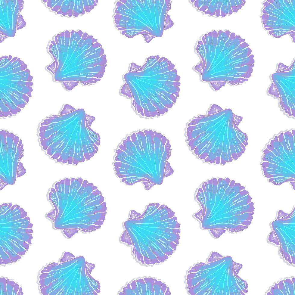 Colorful blue violet pattern of seashells on seamless white background. vector
