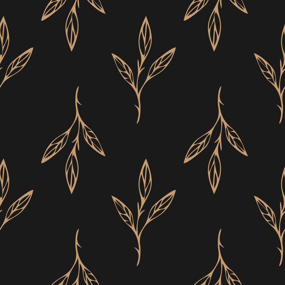 Elegant golden leaf patterns on seamless dark background. Textile design. vector