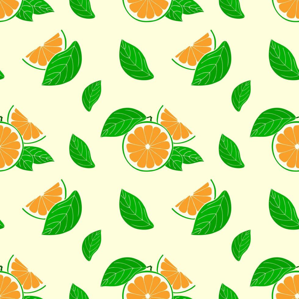 Pattern of fresh citrus slices and green leaves on yellow background, hand drawn sketch. vector