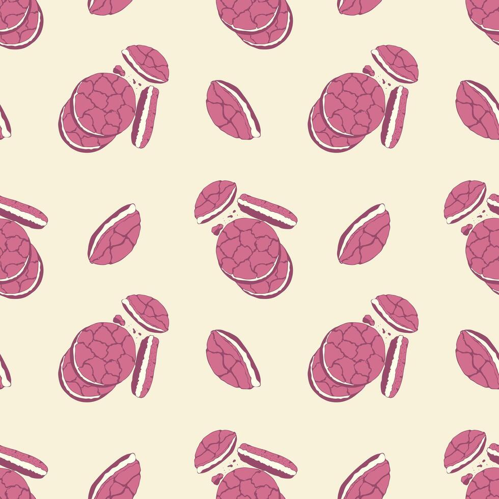 Strawberry cookies seamless pattern with pink macaroons cakes and cookies on cream background. vector